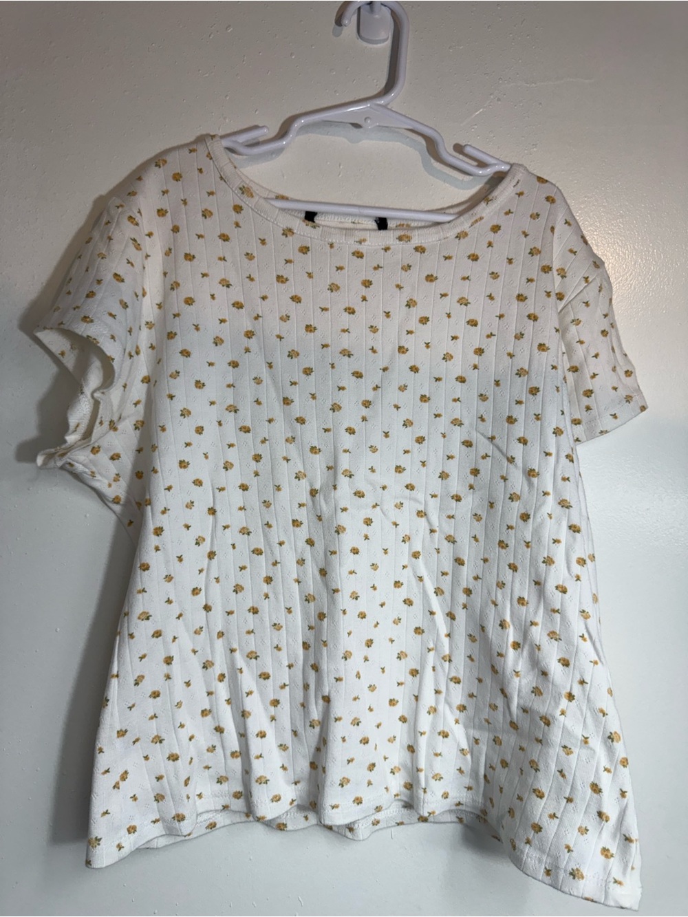 Women's White Ribbed Tee with Yellow Floral Print